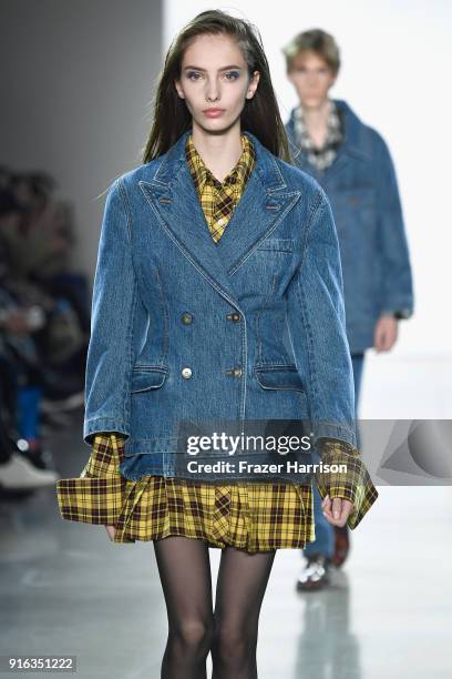 Model walks the runway for Matthew Adams Dolan during New York Fashion Week presented by Made at Gallery II at Spring Studios on February 9, 2018 in...