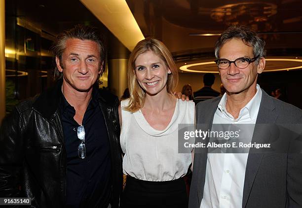 Actor Sean Penn, Marie Tillman and author Jon Krakauer attend a cocktail party for the Pat Tillman Foundation on October 8, 2009 in Los Angeles,...