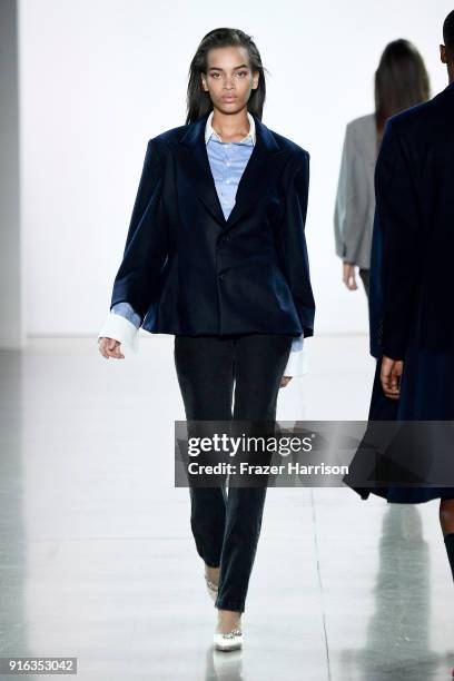 Model walks the runway for Matthew Adams Dolan during New York Fashion Week presented by Made at Gallery II at Spring Studios on February 9, 2018 in...