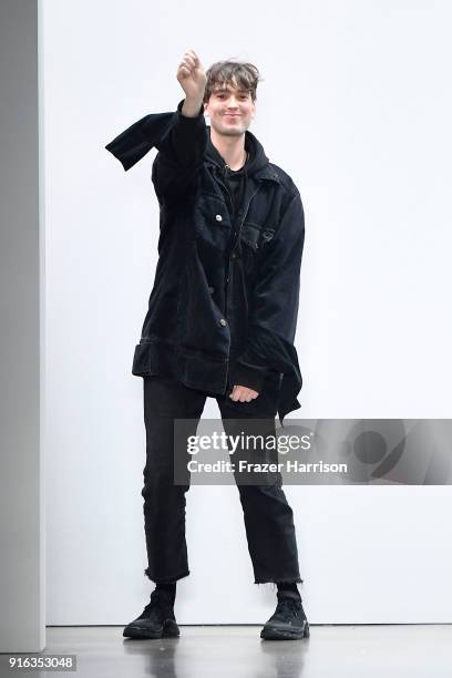Model walks the runway for Matthew Adams Dolan during New York Fashion Week presented by Made at Gallery II at Spring Studios on February 9, 2018 in...
