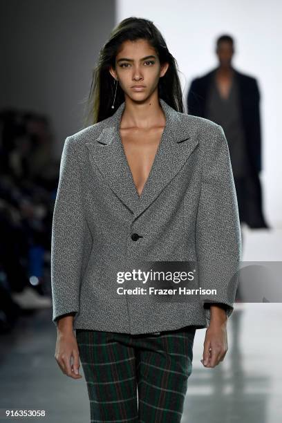 Model walks the runway for Matthew Adams Dolan during New York Fashion Week presented by Made at Gallery II at Spring Studios on February 9, 2018 in...