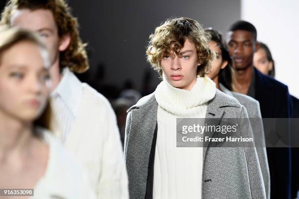 Models walk the runway for Matthew Adams Dolan during New York Fashion Week presented by Made at Gallery II at Spring Studios on February 9, 2018 in...