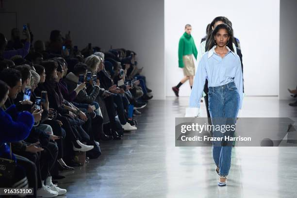 Models walk the runway for Matthew Adams Dolan during New York Fashion Week presented by Made at Gallery II at Spring Studios on February 9, 2018 in...