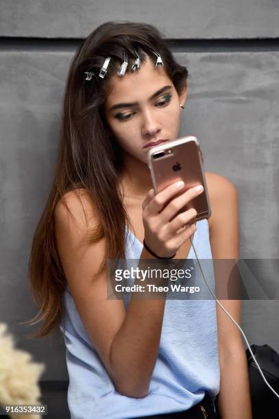 Model poses backstage for Matthew Adams Dolan during New York Fashion Week presented by Made at Gallery II at Spring Studios on February 9, 2018 in...