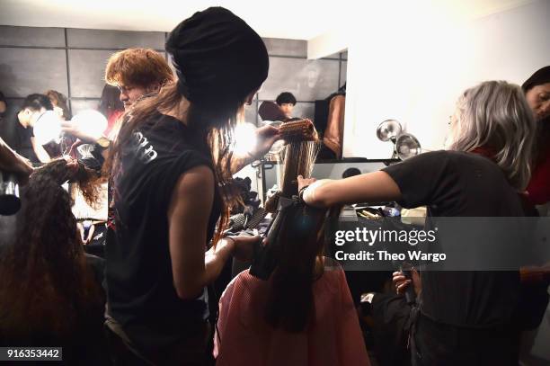 Model poses backstage for Matthew Adams Dolan during New York Fashion Week presented by Made at Gallery II at Spring Studios on February 9, 2018 in...