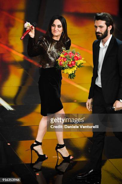 Giovanni CaccamoÊand Arisa attend the fourth night of the 68. Sanremo Music Festival on February 9, 2018 in Sanremo, Italy.