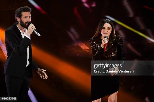 Giovanni CaccamoÊand Arisa attend the fourth night of the 68. Sanremo Music Festival on February 9, 2018 in Sanremo, Italy.