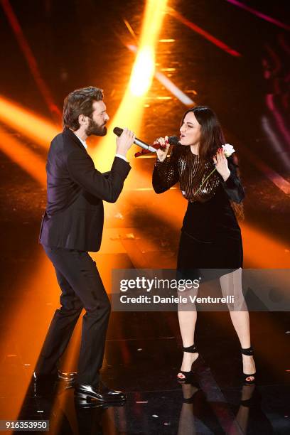 Giovanni CaccamoÊand Arisa attend the fourth night of the 68. Sanremo Music Festival on February 9, 2018 in Sanremo, Italy.