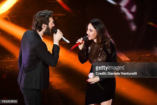Giovanni CaccamoÊand Arisa attend the fourth night of the 68. Sanremo Music Festival on February 9, 2018 in Sanremo, Italy.
