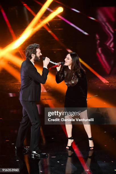 Giovanni CaccamoÊand Arisa attend the fourth night of the 68. Sanremo Music Festival on February 9, 2018 in Sanremo, Italy.