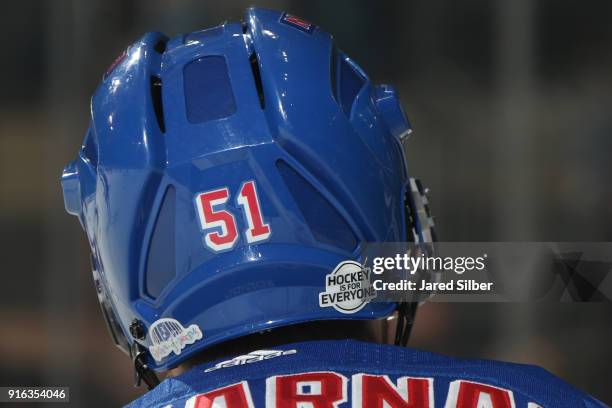 David Desharnais of the New York Rangers sports a Hockey Is For Everyone decal on his helmet during the game against the Calgary Flames at Madison...