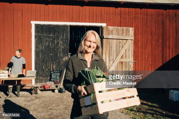 portrait of smiling mature woman carrying crate full of vegetables with barn in background - gemüsekiste stock-fotos und bilder