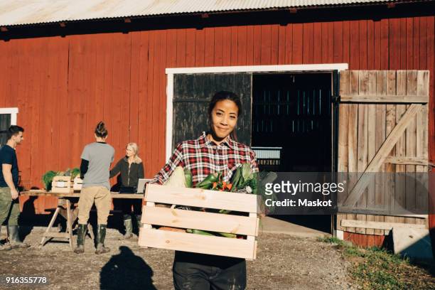 portrait of happy mature woman carrying crate full of vegetables with barn in background - national day in sweden 2017 stockfoto's en -beelden