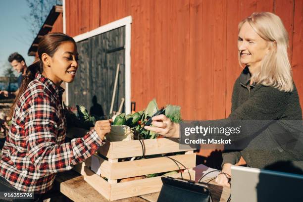 mature woman paying female farmer through credit card at market - farmers insurance stock pictures, royalty-free photos & images
