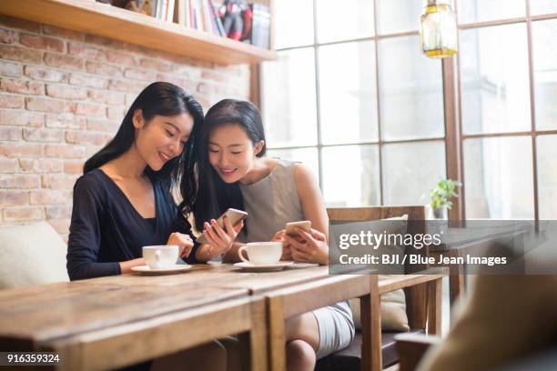 best female friends drinking coffee in caf¨¦ - asian friends coffee stock-fotos und bilder