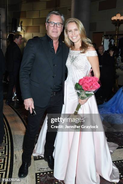 Architect Peter Cook and model Sailor Brinkley-Cook pose backstage during the NYFW Sherri Hill Runway Show on February 9, 2018 in New York City.