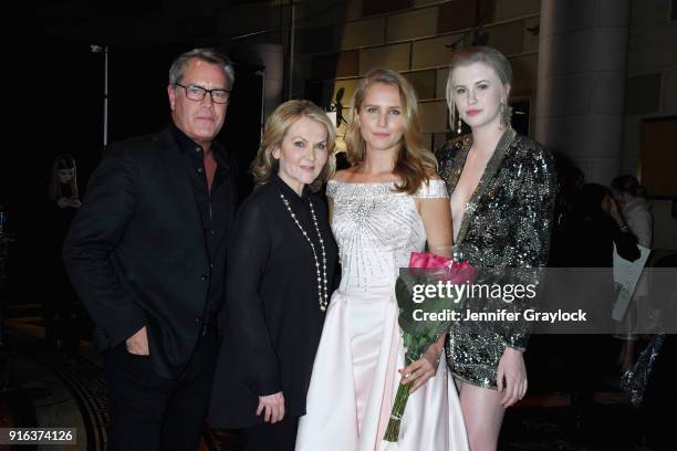 Peter Cook, Sherri Hill, Sailor Brinkley-Cook and Ireland Baldwin pose backstage during the NYFW Sherri Hill Runway Show on February 9, 2018 in New...