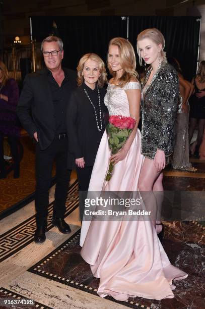 Peter Cook, Sherri Hill, Sailor Brinkley-Cook and Ireland Baldwin pose backstage during the NYFW Sherri Hill Runway Show on February 9, 2018 in New...