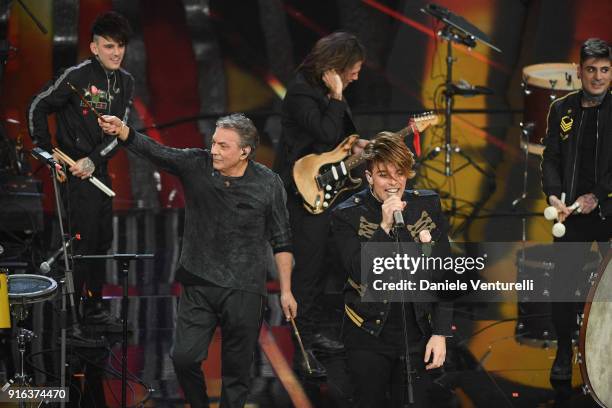 Tullio De Piscopo, The Kolors and Enrico Nigiotti attend the fourth night of the 68. Sanremo Music Festival on February 9, 2018 in Sanremo, Italy.