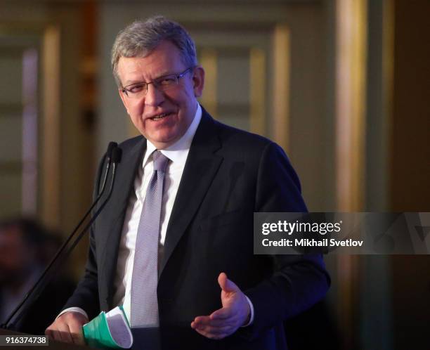 Russian Economist Alexey Kudrin speaks during the Congress of Russian Union of Industrialists and Entrepreneurs at the Ritz Calton Hotel on February...