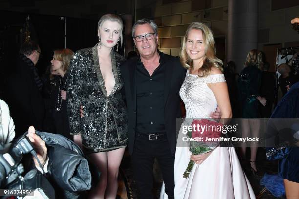 Ireland Baldwin, Peter Cook and Sailor Brinkley-Cook pose backstage during the NYFW Sherri Hill Runway Show on February 9, 2018 in New York City.