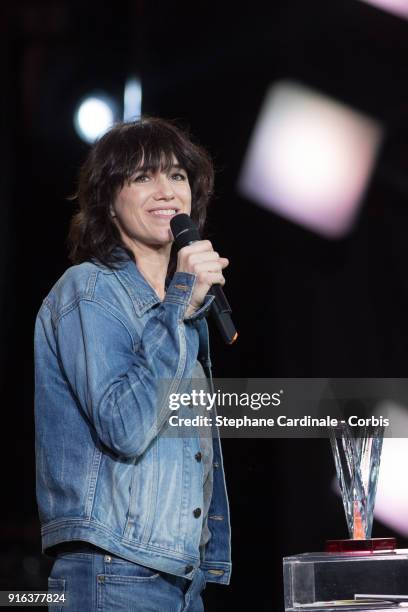 Actress and singer Charlotte Gainsbourg celebrates after receiving the Best Female Artist Award during the 33rd "Les Victoires De La Musique" at La...