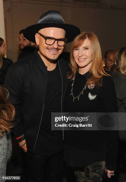 Head Stylist Luis Casco and Fashion designer Nicole Miller pose backstage during Mary Kay at Nicole Miller Fall 2018 at Industria Studios on February...