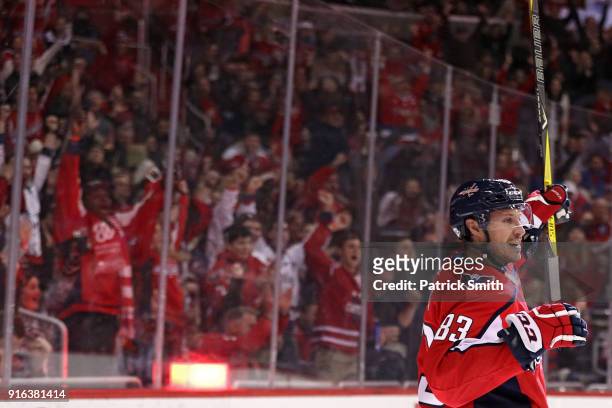 Jay Beagle of the Washington Capitals celebrates his goal against the Columbus Blue Jackets during the second period at Capital One Arena on February...