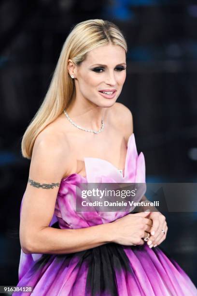 Michelle Hunziker attends the fourth night of the 68. Sanremo Music Festival on February 9, 2018 in Sanremo, Italy.