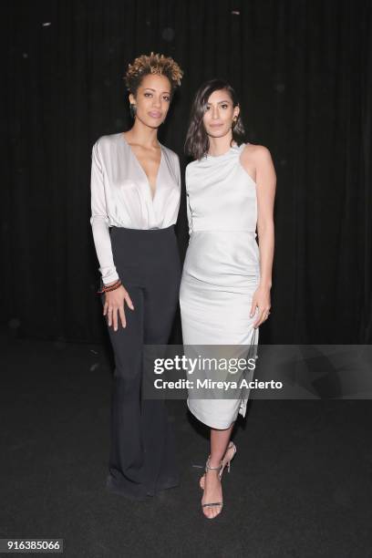 Designers Carly Cushnie and Michelle Ochs pose backstage for Cushnie Et Ochs during New York Fashion Week: The Shows at Pier 17 on February 9, 2018...