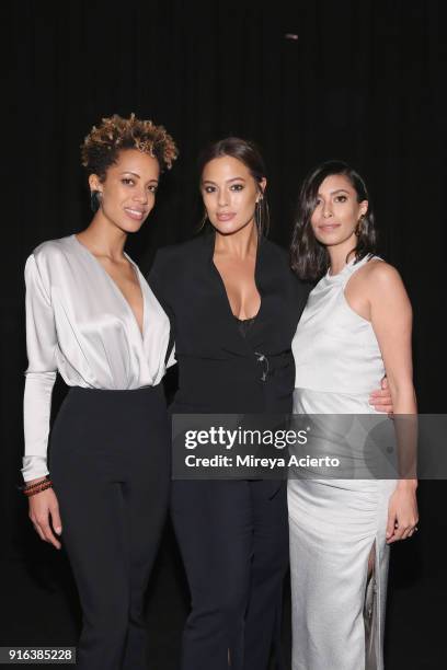 Designers Carly Cushnie and Michelle Ochs and model Ashley Graham pose backstage for Cushnie Et Ochs during New York Fashion Week: The Shows at Pier...