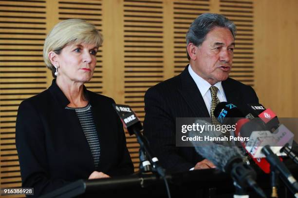 Australian Minister of Foreign Affairs Julie Bishop and New Zealand Deputy Prime Minister Winston Peters speak to the media on February 10, 2018 in...