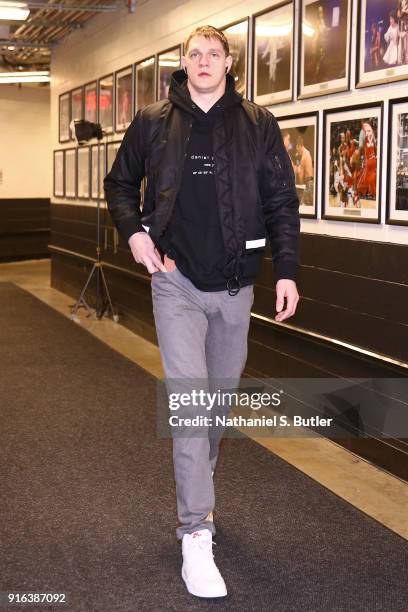 Timofey Mozgov of the Brooklyn Nets arrives before the game against the Milwaukee Bucks on February 4, 2018 at Barclays Center in Brooklyn, New York....