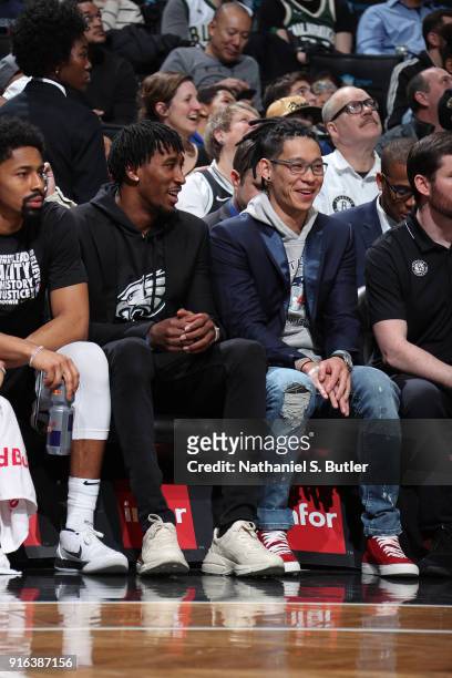 Jeremy Lin and Rondae Hollis-Jefferson of the Brooklyn Nets talk during the game against the Milwaukee Bucks on February 4, 2018 at Barclays Center...