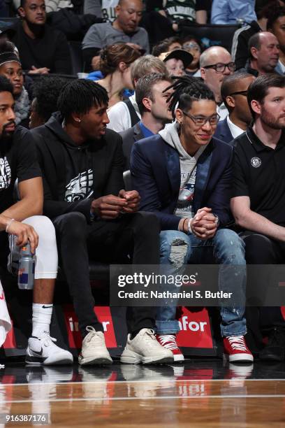 Jeremy Lin and Rondae Hollis-Jefferson of the Brooklyn Nets talk during the game against the Milwaukee Bucks on February 4, 2018 at Barclays Center...