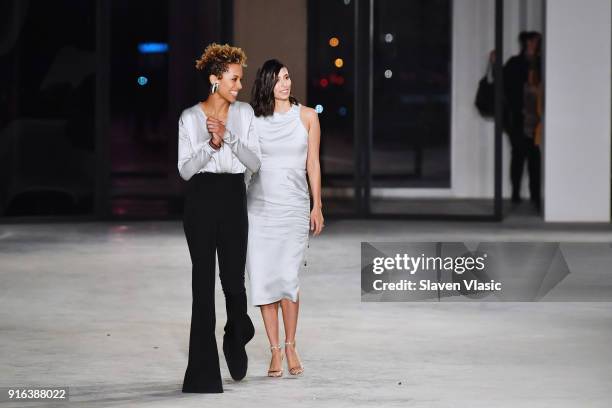 Designers Carly Cushnie and Michelle Ochs walk the ruway for Cushnie Et Ochs during New York Fashion Week: The Shows at Pier 17 on February 9, 2018...