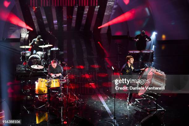 Tullio De Piscopo, The Kolors and Enrico Nigiotti attend the fourth night of the 68. Sanremo Music Festival on February 9, 2018 in Sanremo, Italy.