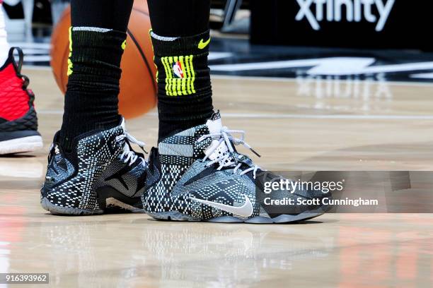 The sneakers worn by Malcolm Delaney of the Atlanta Hawks are seen during the game against the Cleveland Cavaliers on February 9, 2018 at Philips...