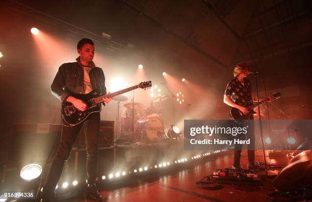 Chris Alderton and Joe Emmett and Matt Thomson and Elliott Briggs of The Amazons perform at Pyramids Plaza on February 9, 2018 in Portsmouth, England.