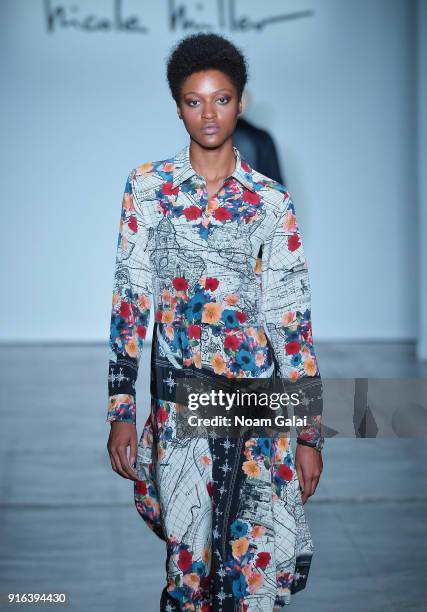 Model walks the runway during Mary Kary at Nicole Miller Fall 2018 at Industria Studios on February 9, 2018 in New York City.