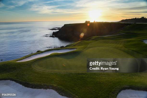 Scenic view of the eighth hole during sunset following the second round of the AT&T Pebble Beach Pro-Am at Pebble Beach Golf Links, on February 9,...
