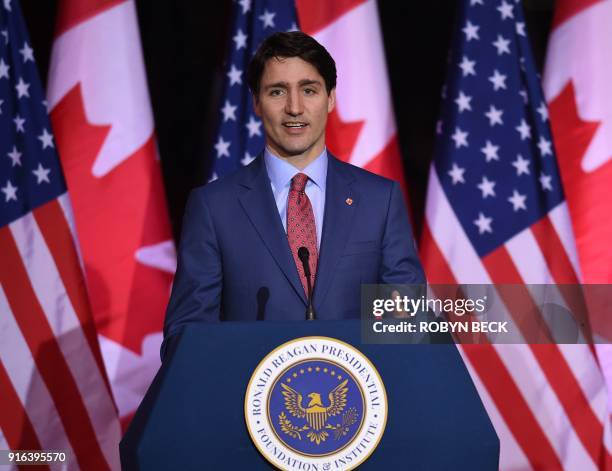 Canadian Prime Minister Justin Trudeau delivers an address at the Ronald Reagan Presidential Library and Museum, February 9, 2018 in Simi Valley,...