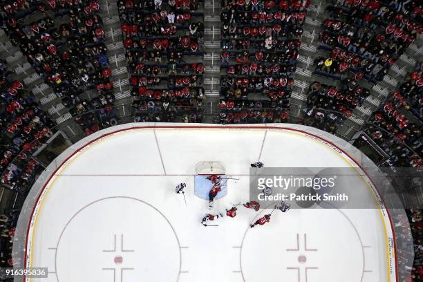 Goalie Braden Holtby of the Washington Capitals makes a save against the Columbus Blue Jackets during the second period at Capital One Arena on...