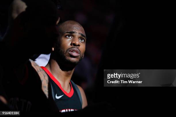 Chris Paul of the Houston Rockets reacts during a time out in the second half against the Denver Nuggets at Toyota Center on February 9, 2018 in...