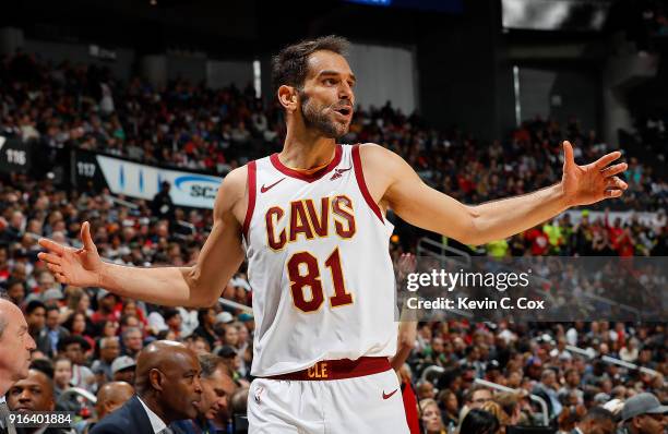 Jose Calderon of the Cleveland Cavaliers reacts to a call during the game against the Atlanta Hawks at Philips Arena on February 9, 2018 in Atlanta,...