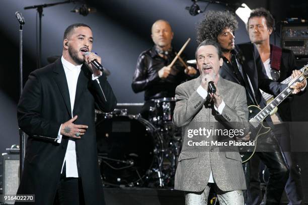 Singer Slimane Nebchi, Yarol Poupaud and Florent Pagny perform during the 33rd Victoires de la Musique 2018 at La Seine Musicale on February 9, 2018...