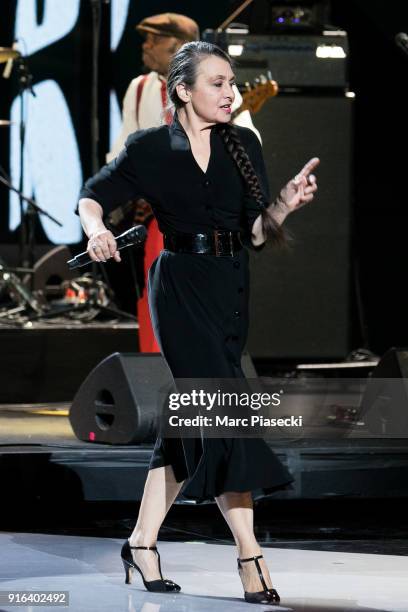 Singer Catherine Ringer performs during the 33rd Victoires de la Musique 2018 at La Seine Musicale on February 9, 2018 in Boulogne-Billancourt,...