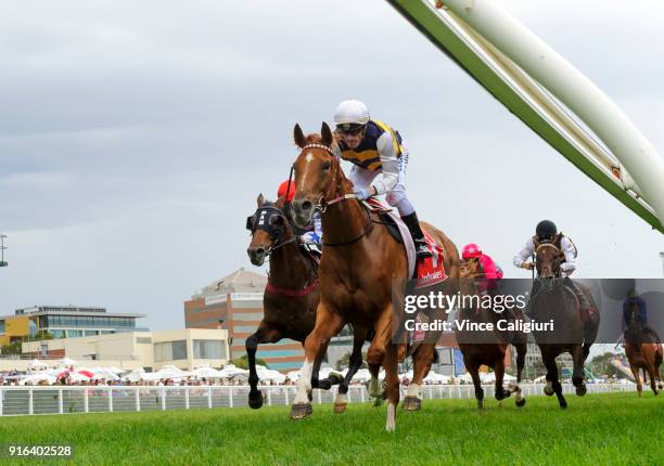 Mark Zahra riding Gailo Chop wins Race 4, Carlyon Cup during Melbourne Racing at Caulfield Racecourse on February 10, 2018 in Melbourne, Australia.