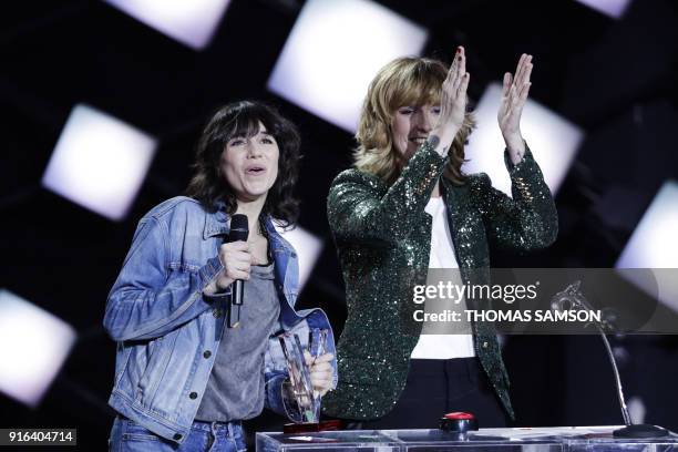 French actress and singer Charlotte Gainsbourg celebrates after receiving the best female artist award during the 33rd Victoires de la Musique, the...