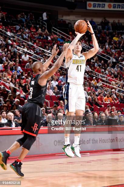 Juan Hernangomez of the Denver Nuggets shoots the ball during the game against the Houston Rockets on February 9, 2018 at the Toyota Center in...